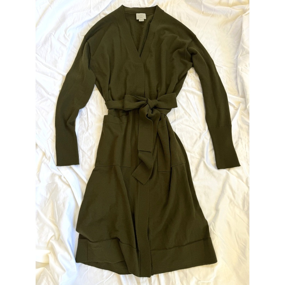 Grey Jason Wu Women Green 100% Wool Knit Belted Button Sweater Dress Soft M